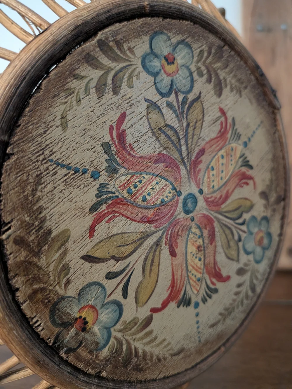 Hand Painted Wicker Rattan Basket Handled Wooden Base Folk Art